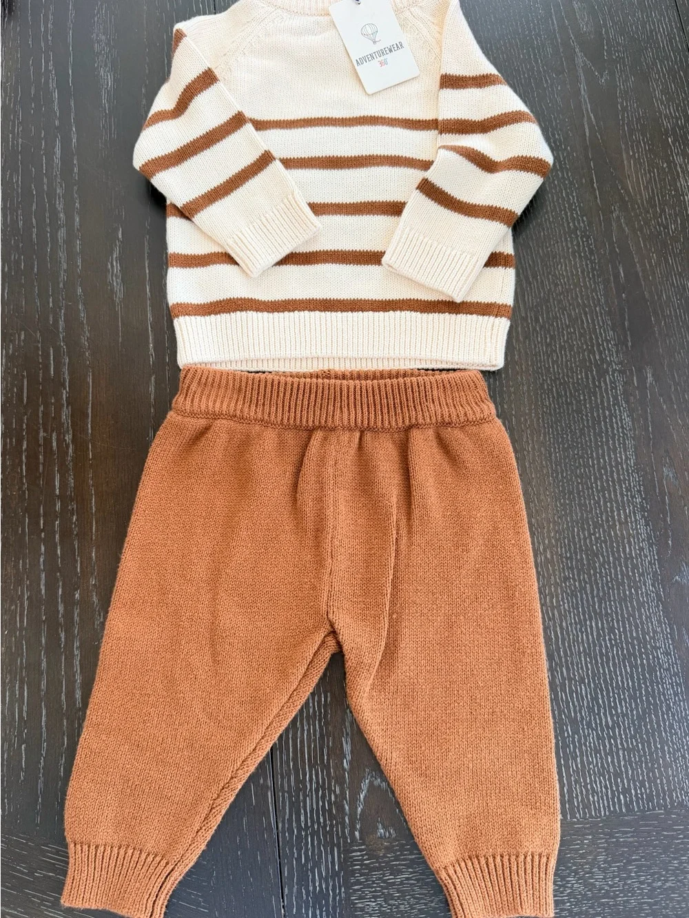 Kids Cream & Brown Striped Knit Matching Set with Turkey Motif 6M